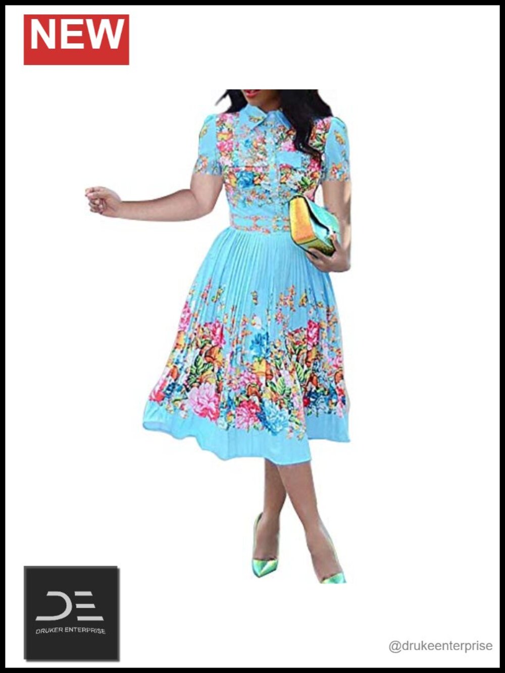 VERWIN Pleated Floral Women's Sheath Dress Knee Length